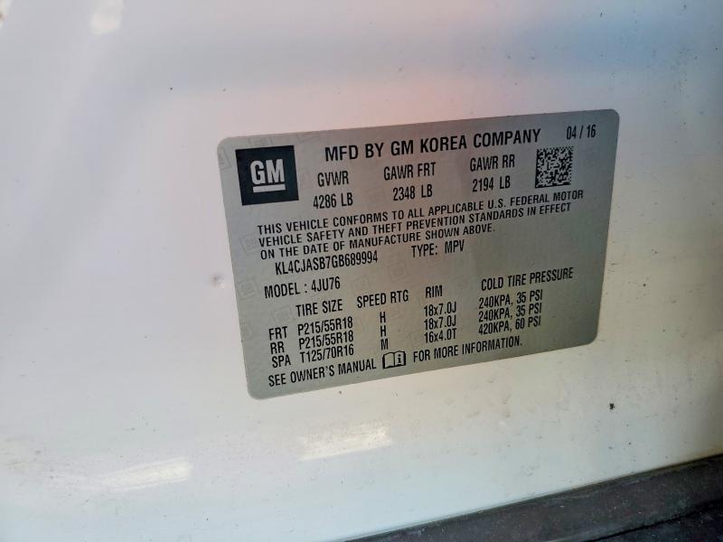 Aukcja sprzedaży 2016 Buick Encore, vin: KL4CJASB7GB689994, numer aukcji: 72119025