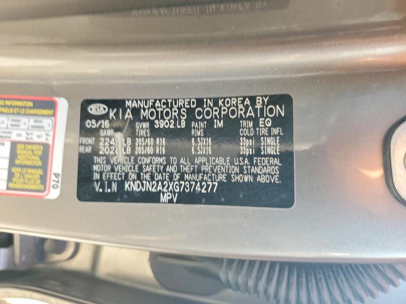 2016 Kia Soul მანქანა იყიდება აუქციონზე, vin: KNDJN2A2XG7374277, აუქციონის ნომერი: 74472255