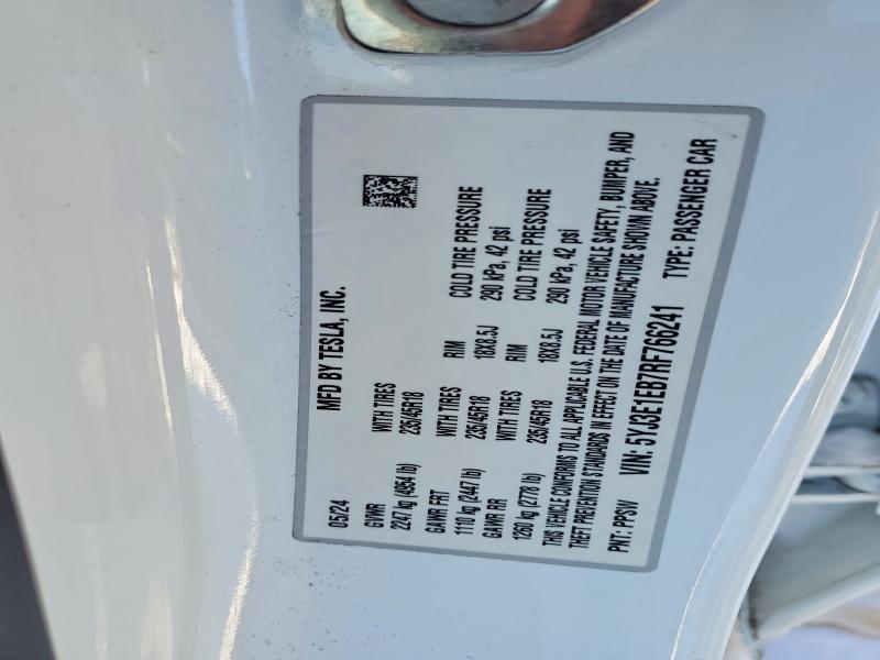 Aukcja sprzedaży 2024 Tesla Model 3, vin: 5YJ3E1EB7RF766241, numer aukcji: 74577185