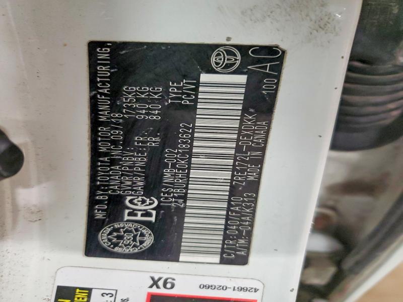73263105 :رقم المزاد ، 2T1BURHE0KC183622 vin ، 2019 Toyota Corolla مزاد بيع
