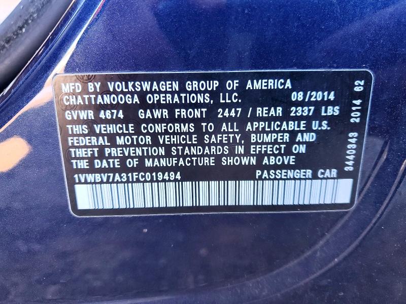 Продаж на аукціоні авто 2015 Volkswagen Passat, vin: 1VWBV7A31FC019494, номер лоту: 72633515