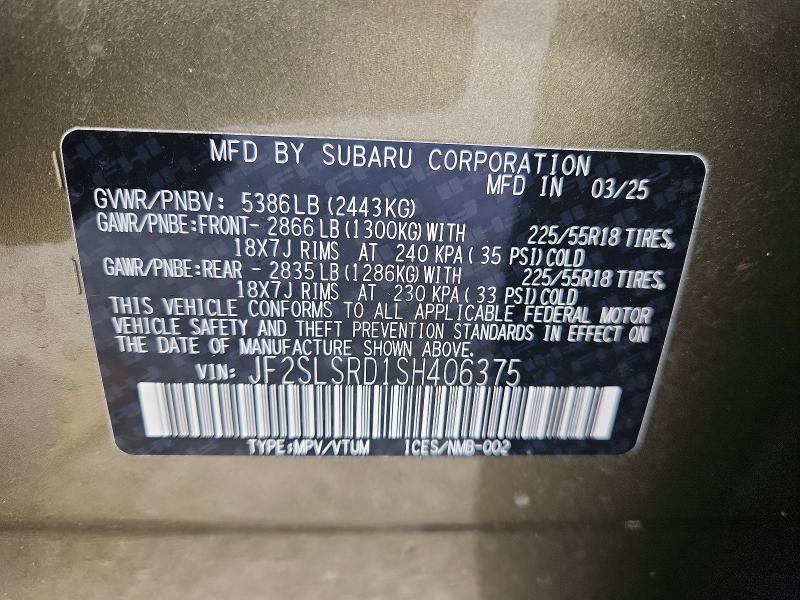 98338005 :رقم المزاد ، JF2SLSRD1SH406375 vin ، 2025 Subaru Forester مزاد بيع