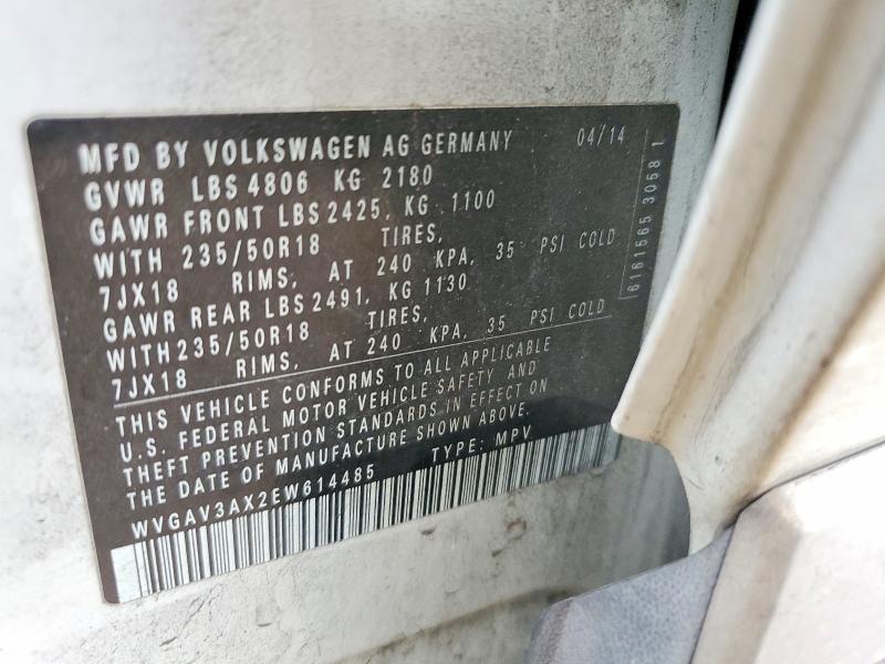 Продажа на аукционе авто 2014 Volkswagen Tiguan, vin: WVGAV3AX2EW614485, номер лота: 97888665