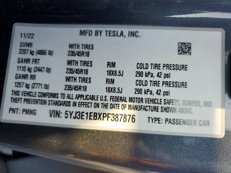 Aukcja sprzedaży 2023 Tesla Model 3, vin: 5YJ3E1EBXPF387876, numer aukcji: 73278975