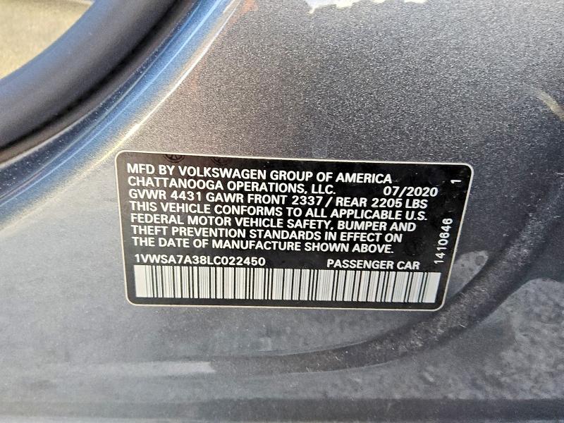 Продажа на аукционе авто 2020 Volkswagen Passat, vin: 1VWSA7A38LC022450, номер лота: 72443405