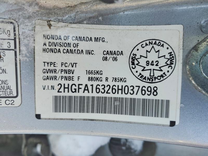 Aukcja sprzedaży 2006 Honda Civic, vin: 2HGFA16326H037698, numer aukcji: 74605755