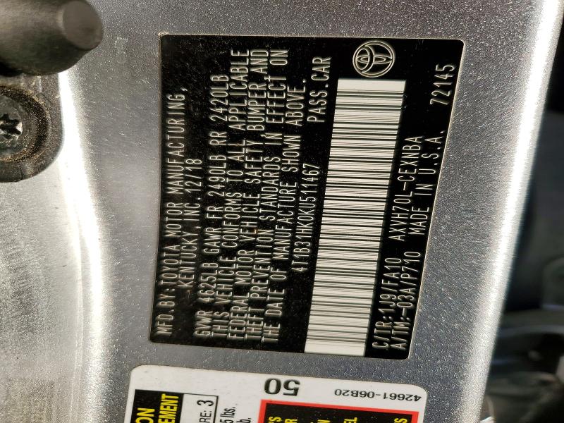 2019 Toyota Camry Le მანქანა იყიდება აუქციონზე, vin: 4T1B31HK0KU511467, აუქციონის ნომერი: 73891525