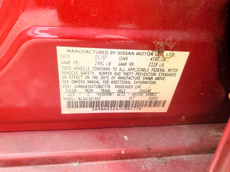 Aukcja sprzedaży 2007 Nissan Maxima, vin: 1N4BA41EX7C862776, numer aukcji: 99215845