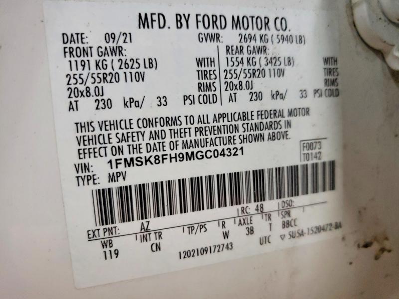 2021 Ford Explorer მანქანა იყიდება აუქციონზე, vin: 1FMSK8FH9MGC04321, აუქციონის ნომერი: 74270555