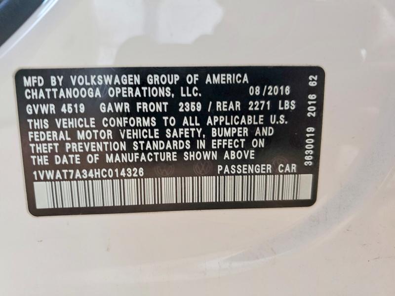 Aukcja sprzedaży 2017 Volkswagen Passat, vin: 1VWAT7A34HC014326, numer aukcji: 72835795