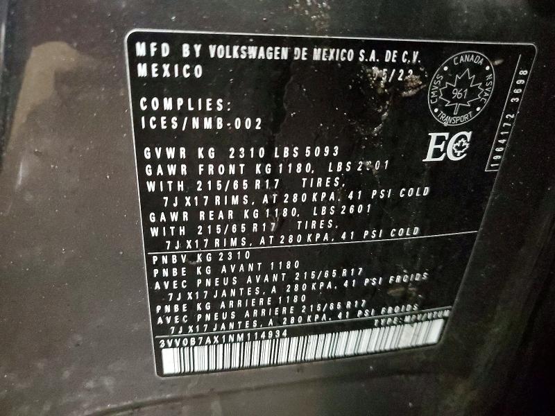98181855 :رقم المزاد ، 3VV0B7AX1NM114934 vin ، 2022 Volkswagen Tiguan مزاد بيع