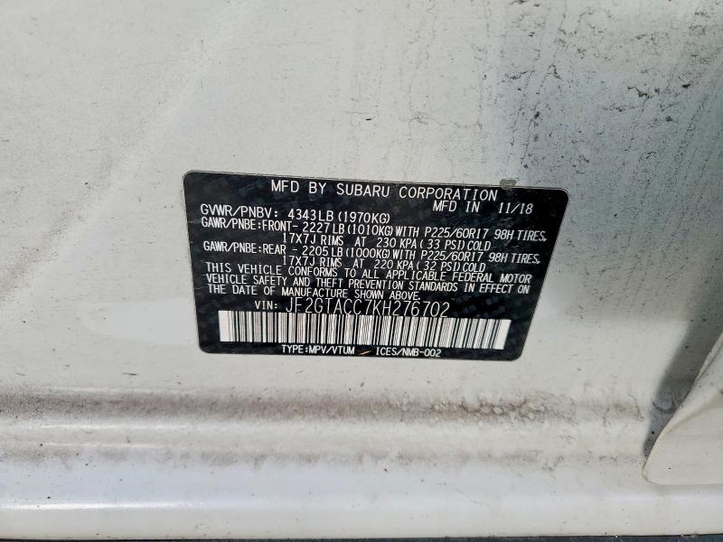Aukcja sprzedaży 2019 Subaru Crosstrek, vin: JF2GTACC7KH276702, numer aukcji: 72340135