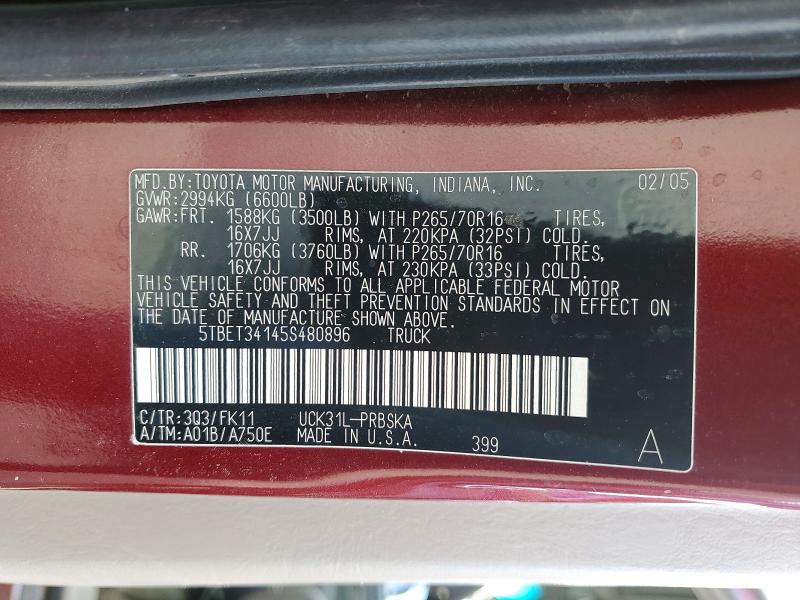 74439565 :رقم المزاد ، 5TBET34145S480896 vin ، 2005 Toyota Tundra مزاد بيع