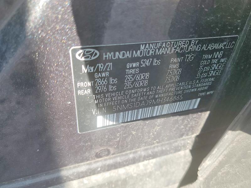 2021 Hyundai Santa Fe მანქანა იყიდება აუქციონზე, vin: 5NMS1DAJ9MH346865, აუქციონის ნომერი: 98689535