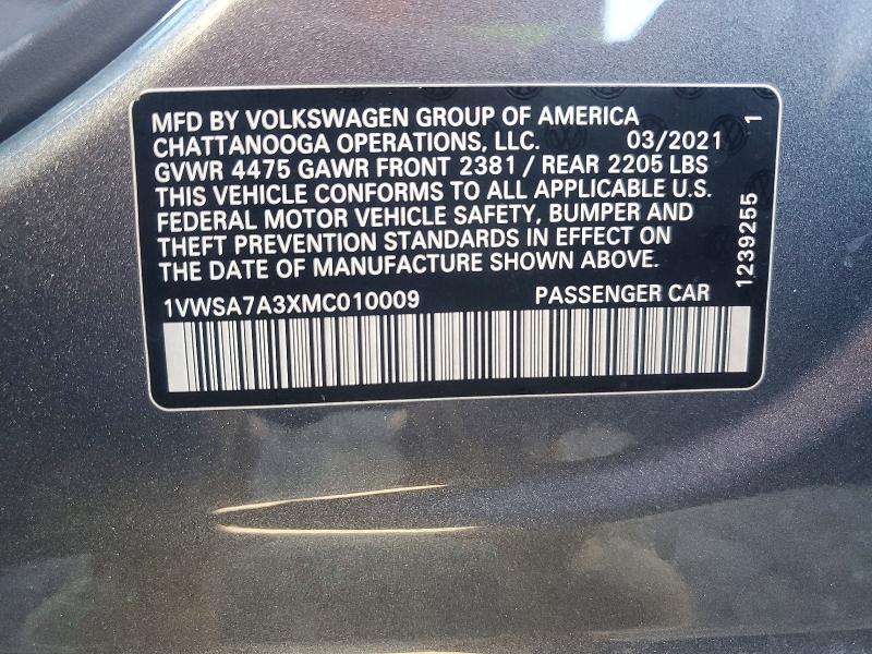 2021 Volkswagen Passat მანქანა იყიდება აუქციონზე, vin: 1VWSA7A3XMC010009, აუქციონის ნომერი: 74577435