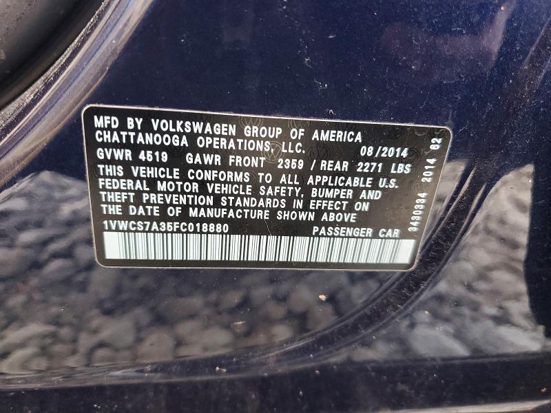 2015 Volkswagen Passat მანქანა იყიდება აუქციონზე, vin: 1VWCS7A35FC018880, აუქციონის ნომერი: 98150015