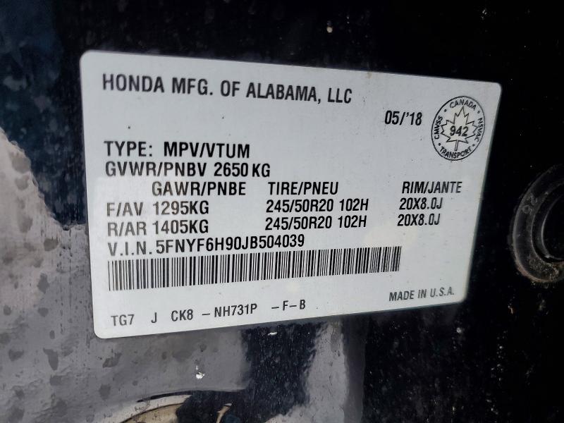 Aukcja sprzedaży 2018 Honda Pilot, vin: 5FNYF6H90JB504039, numer aukcji: 74798535