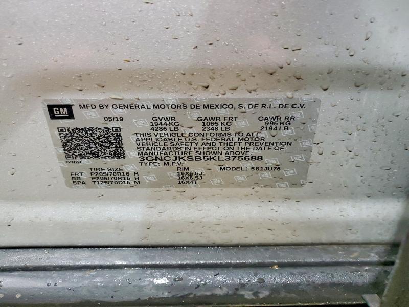Aukcja sprzedaży 2019 Chevrolet Trax, vin: 3GNCJKSB5KL375688, numer aukcji: 73913775