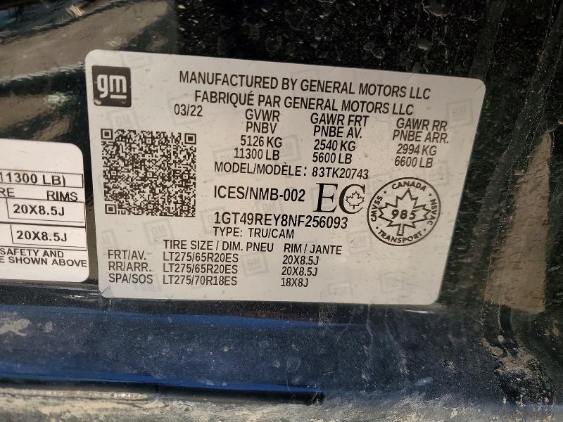 2022 Gmc Sierra K25 მანქანა იყიდება აუქციონზე, vin: 1GT49REY8NF256093, აუქციონის ნომერი: 98941785