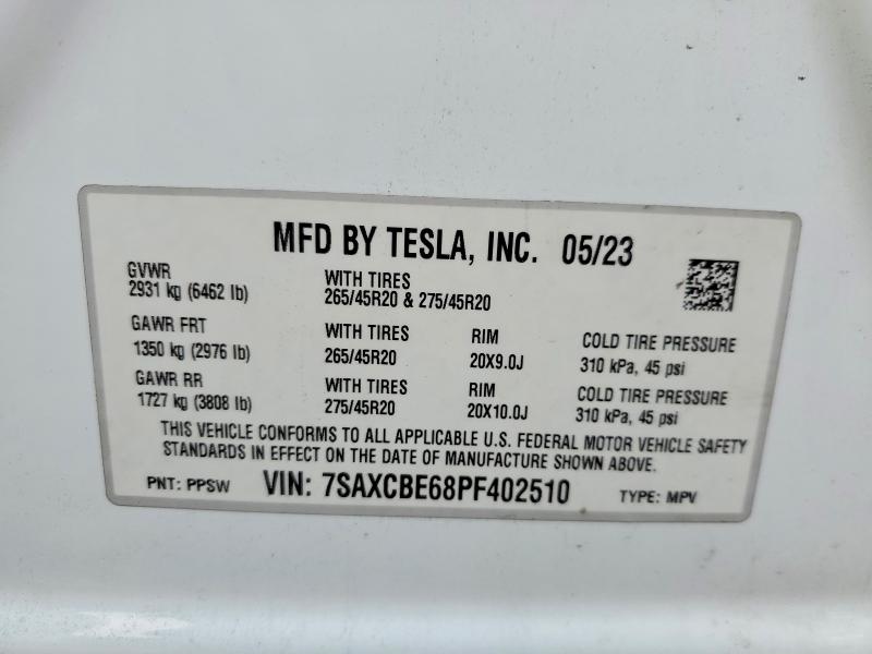 2023 Tesla Model X მანქანა იყიდება აუქციონზე, vin: 7SAXCBE68PF402510, აუქციონის ნომერი: 74369245