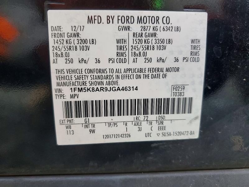 75043865 :رقم المزاد ، 1FM5K8AR9JGA46314 vin ، 2018 Ford Explorer مزاد بيع