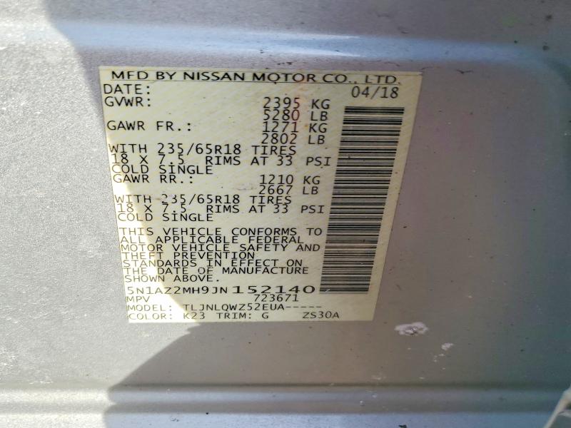73387155 :رقم المزاد ، 5N1AZ2MH9JN152140 vin ، 2018 Nissan Murano مزاد بيع