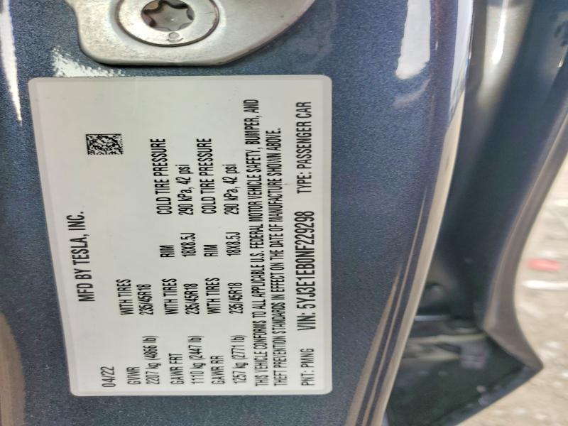 2022 Tesla Model 3 მანქანა იყიდება აუქციონზე, vin: 5YJ3E1EB0NF229298, აუქციონის ნომერი: 74198595