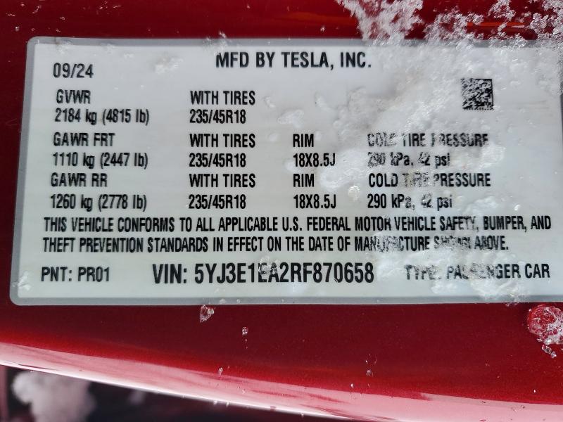 2024 Tesla Model 3 მანქანა იყიდება აუქციონზე, vin: 5YJ3E1EA2RF870658, აუქციონის ნომერი: 74643135