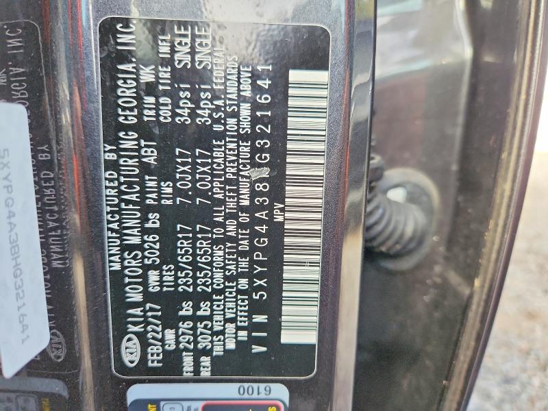98630225 :رقم المزاد ، 5XYPG4A38HG321641 vin ، 2017 Kia Sorento مزاد بيع