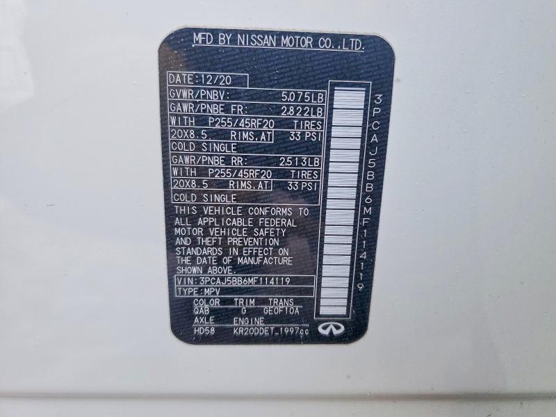 74123135 :رقم المزاد ، 3PCAJ5BB6MF114119 vin ، 2021 Infiniti Qx50 مزاد بيع