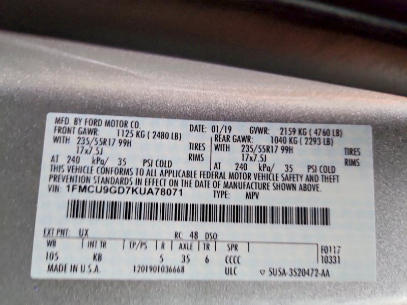 Aukcja sprzedaży 2019 Ford Escape, vin: 1FMCU9GD7KUA78071, numer aukcji: 73666625