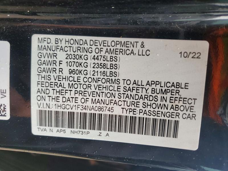 58451616 :رقم المزاد ، 1HGCV1F34NA086745 vin ، 2022 Honda Accord مزاد بيع