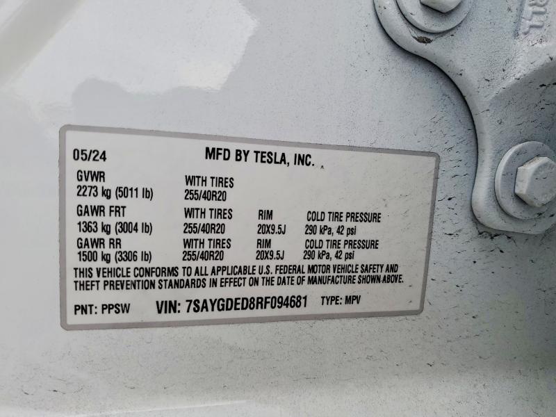 2024 Tesla Model Y მანქანა იყიდება აუქციონზე, vin: 7SAYGDED8RF094681, აუქციონის ნომერი: 74398615