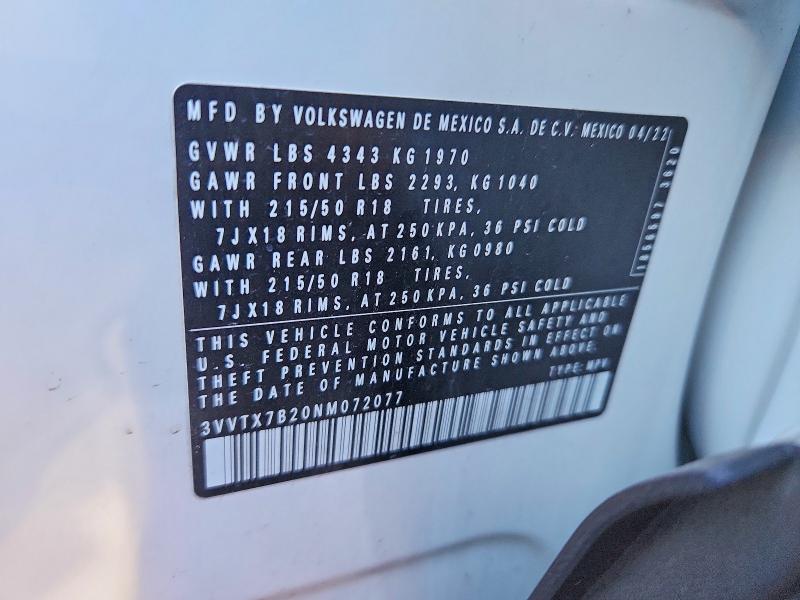 74053095 :رقم المزاد ، 3VVTX7B20NM072077 vin ، 2022 Volkswagen Taos مزاد بيع
