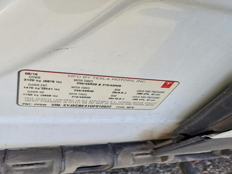 2016 Tesla Model X მანქანა იყიდება აუქციონზე, vin: 5YJXCBE41GF016622, აუქციონის ნომერი: 74977745