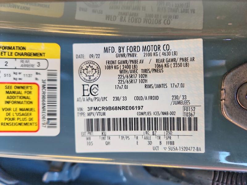 2022 Ford Bronco Sport მანქანა იყიდება აუქციონზე, vin: 3FMCR9B68NRE06197, აუქციონის ნომერი: 74164815