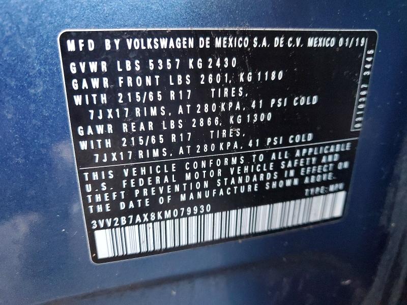 73057235 :رقم المزاد ، 3VV2B7AX8KM079930 vin ، 2019 Volkswagen Tiguan مزاد بيع