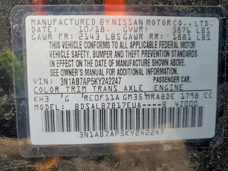 Продаж на аукціоні авто 2019 Nissan Sentra S, vin: 3N1AB7AP5KY242247, номер лоту: 72543875