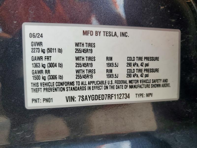Продажа на аукционе авто 2024 Tesla Model Y, vin: 7SAYGDED7RF112734, номер лота: 99497995
