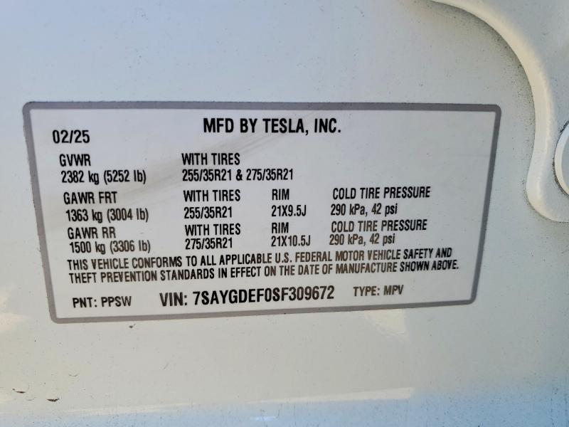 73523125 :رقم المزاد ، 7SAYGDEF0SF309672 vin ، 2025 Tesla Model Y مزاد بيع