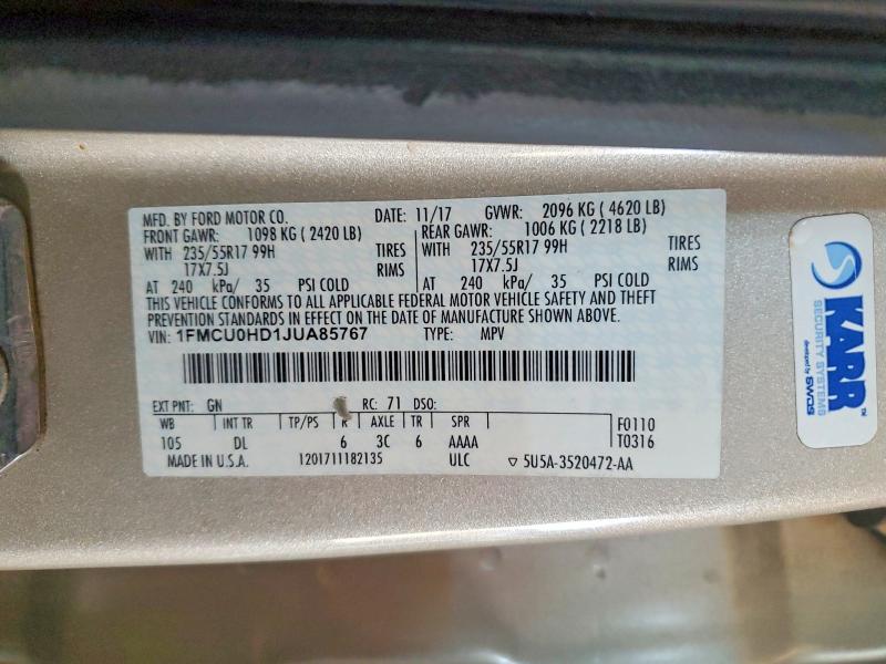 Продажа на аукционе авто 2018 Ford Escape Sel, vin: 1FMCU0HD1JUA85767, номер лота: 74500625