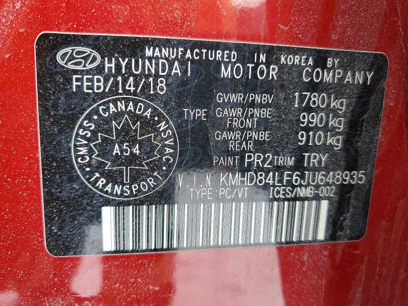98637695 :رقم المزاد ، KMHD84LF6JU648935 vin ، 2018 Hyundai Elantra مزاد بيع