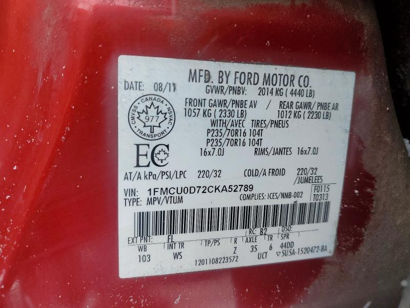 Aukcja sprzedaży 2012 Ford Escape, vin: 1FMCU0D72CKA52789, numer aukcji: 73701585