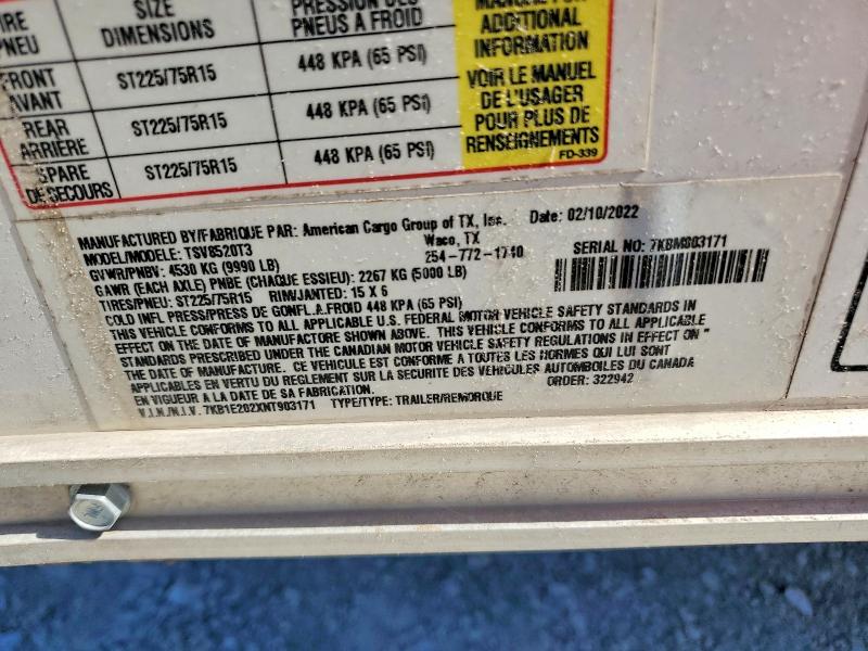 74852195 :رقم المزاد ، 7KB1E202XNT903171 vin ، 2022 Haulmark Enclosed مزاد بيع