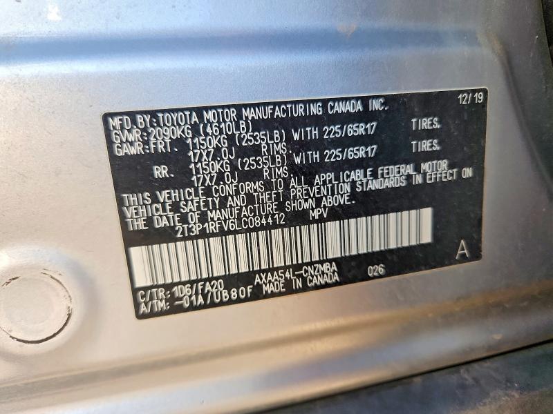 2020 Toyota Rav4 მანქანა იყიდება აუქციონზე, vin: 2T3P1RFV6LC084412, აუქციონის ნომერი: 74769705