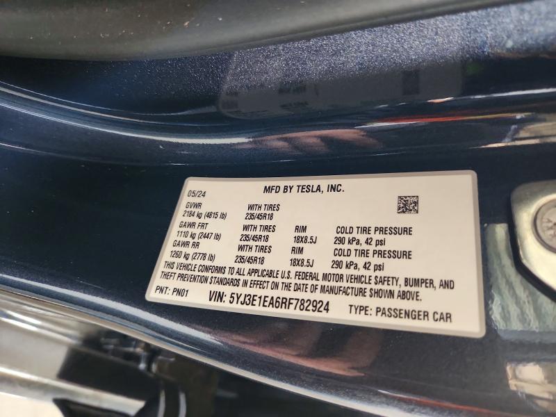 99031095 :رقم المزاد ، 5YJ3E1EA6RF782924 vin ، 2024 Tesla Model 3 مزاد بيع