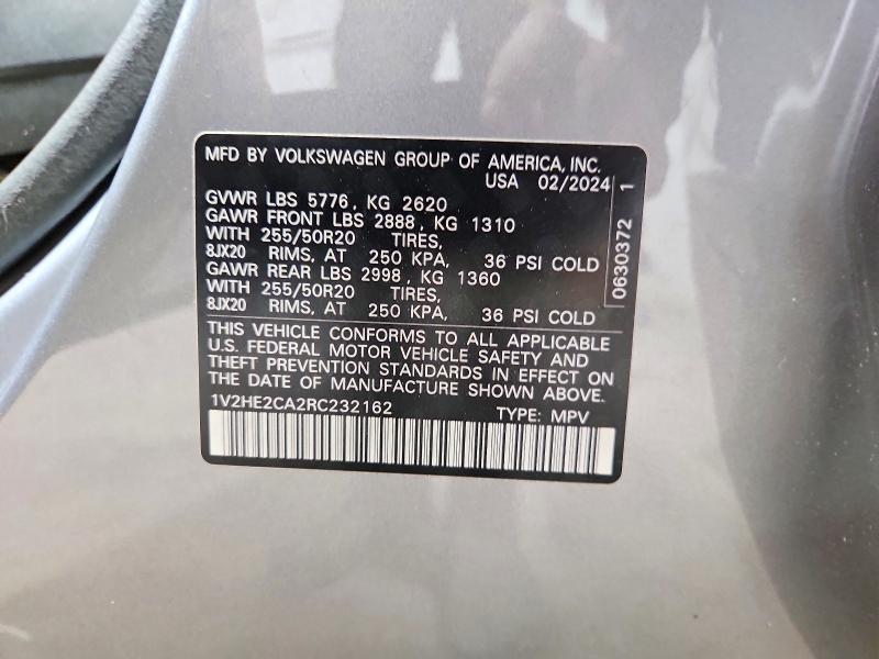 2024 Volkswagen Atlas Cross Sport მანქანა იყიდება აუქციონზე, vin: 1V2HE2CA2RC232162, აუქციონის ნომერი: 98448835