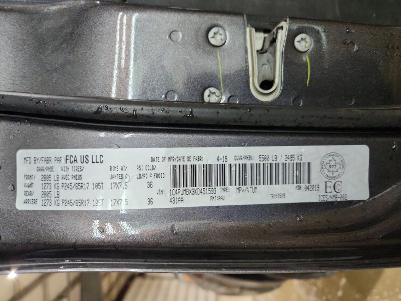 73093285 :رقم المزاد ، 1C4PJMBX3KD451593 vin ، 2019 Jeep Cherokee T مزاد بيع