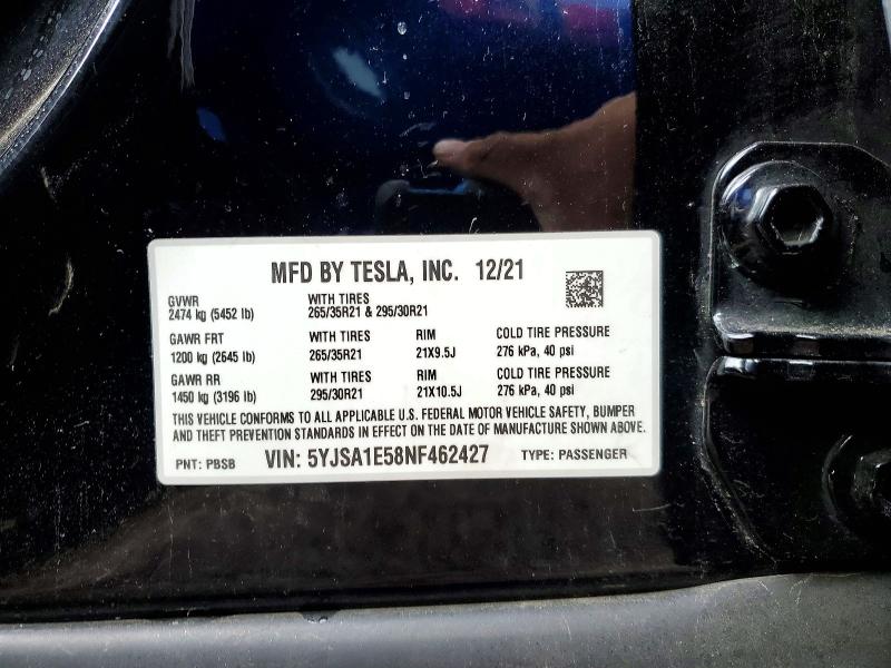 99353815 :رقم المزاد ، 5YJSA1E58NF462427 vin ، 2022 Tesla Model S مزاد بيع