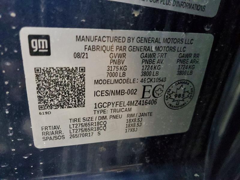 2021 Chevrolet Silverado მანქანა იყიდება აუქციონზე, vin: 1GCPYFEL4MZ416406, აუქციონის ნომერი: 83867145